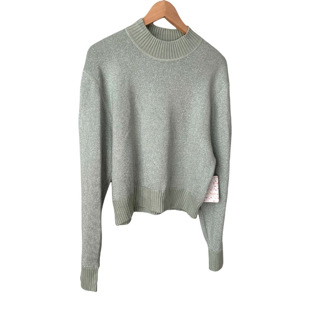 Free People Women's Metallic Glitter Green Mockneck Sweater Medium - Picture 7 of 10